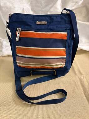 Baggallini Nylon Crossbody Bag in Blue with Multicolored Stripe Front Pocket